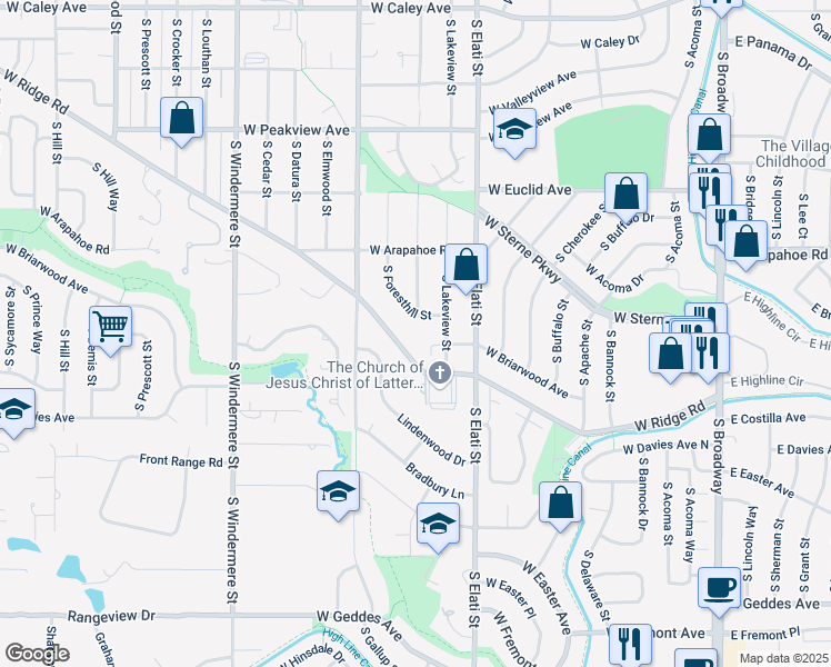 map of restaurants, bars, coffee shops, grocery stores, and more near 6885 South Foresthill Street in Littleton