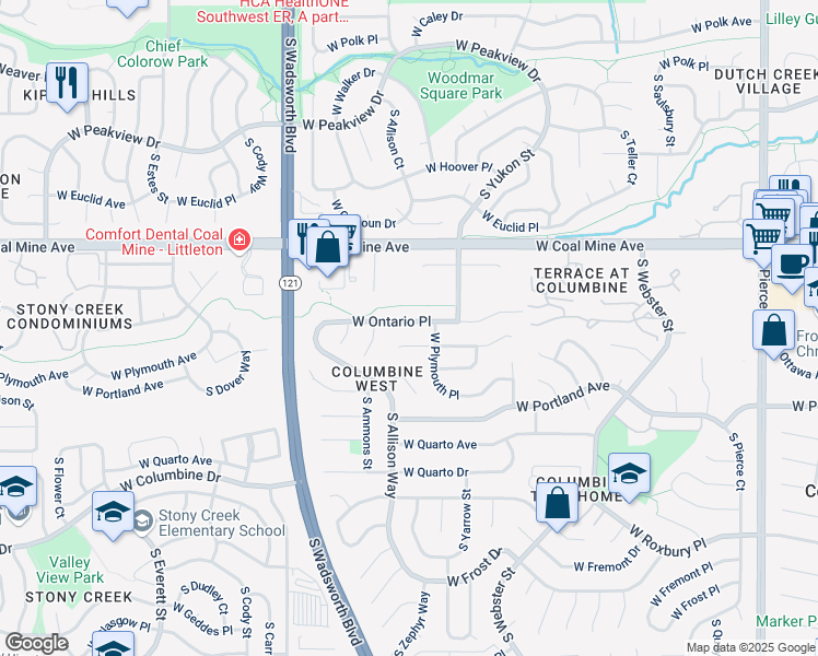 map of restaurants, bars, coffee shops, grocery stores, and more near 7844 West Ontario Place in Littleton