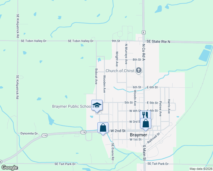 map of restaurants, bars, coffee shops, grocery stores, and more near 602 Wooden Avenue in Braymer