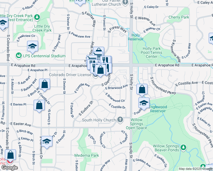 map of restaurants, bars, coffee shops, grocery stores, and more near 5321 East Briarwood Avenue in Centennial