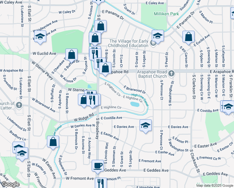map of restaurants, bars, coffee shops, grocery stores, and more near 280 East Highline Circle in Centennial