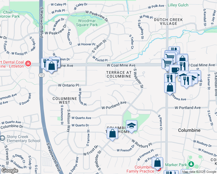 map of restaurants, bars, coffee shops, grocery stores, and more near 6832 South Webster Way in Littleton