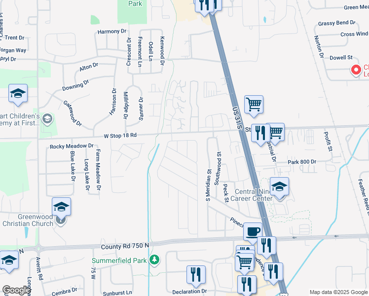 map of restaurants, bars, coffee shops, grocery stores, and more near 1701 Doub Street in Greenwood