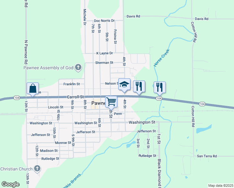 map of restaurants, bars, coffee shops, grocery stores, and more near 401-499 County Highway 28 in Pawnee