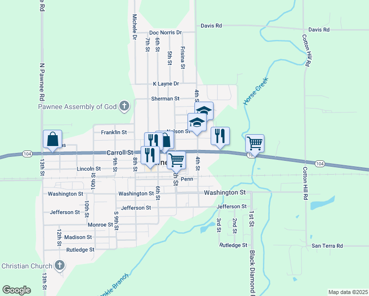 map of restaurants, bars, coffee shops, grocery stores, and more near 401-499 County Highway 28 in Pawnee