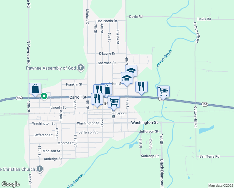 map of restaurants, bars, coffee shops, grocery stores, and more near 401-499 County Highway 28 in Pawnee