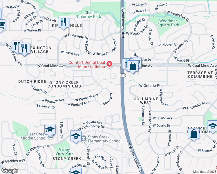 map of restaurants, bars, coffee shops, grocery stores, and more near 6856 South Dover Way in Littleton