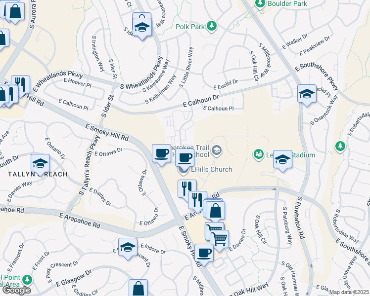 map of restaurants, bars, coffee shops, grocery stores, and more near 6836 South Langdale Street in Aurora