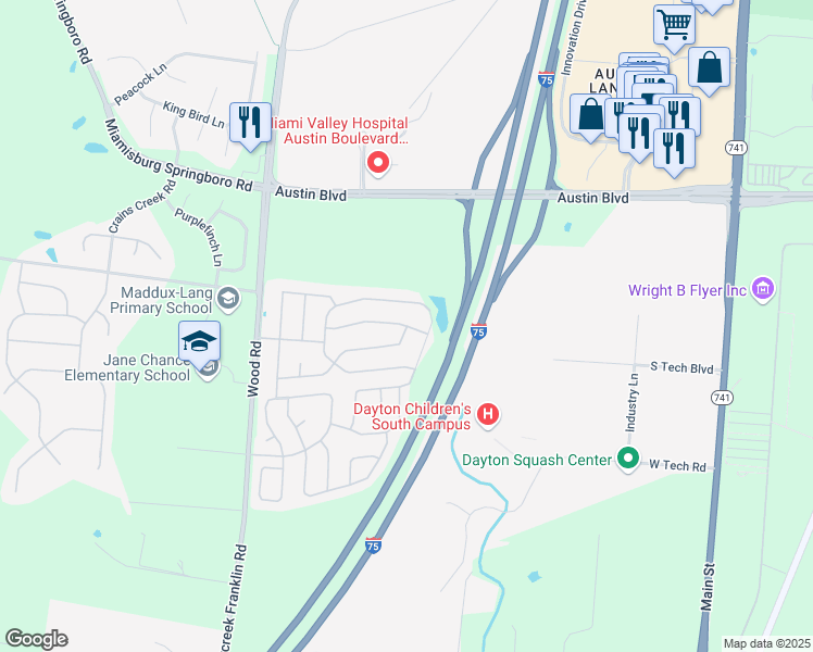 map of restaurants, bars, coffee shops, grocery stores, and more near 10588 Del Barton Avenue in Miamisburg