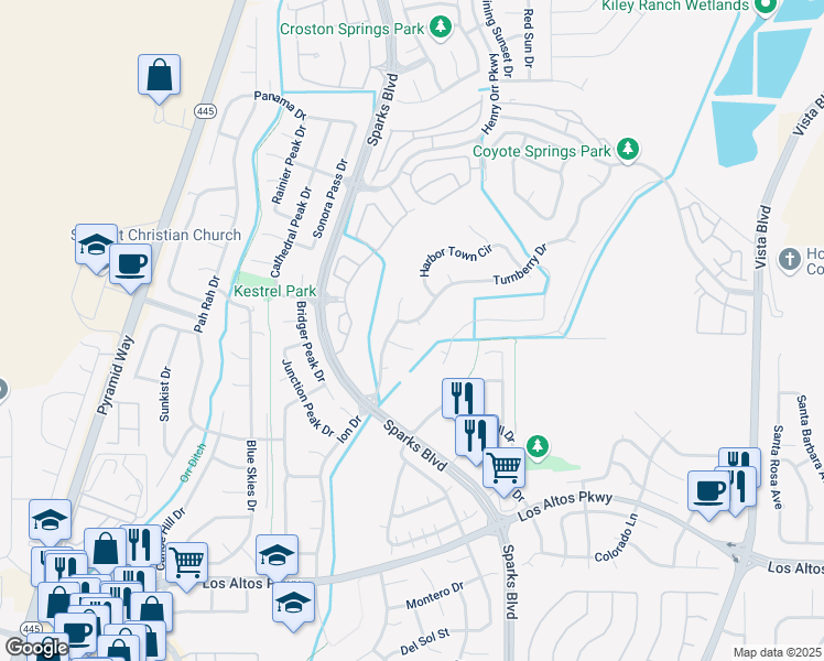 map of restaurants, bars, coffee shops, grocery stores, and more near 939 Turnberry Drive in Sparks