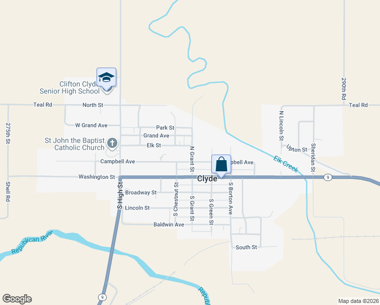 map of restaurants, bars, coffee shops, grocery stores, and more near 511 Campbell Avenue in Clyde
