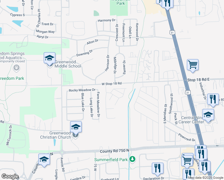 map of restaurants, bars, coffee shops, grocery stores, and more near 1630 Saddle Lane in Greenwood