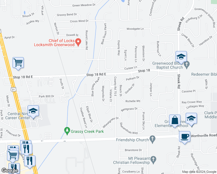 map of restaurants, bars, coffee shops, grocery stores, and more near 1660 Vidalia Court in Greenwood