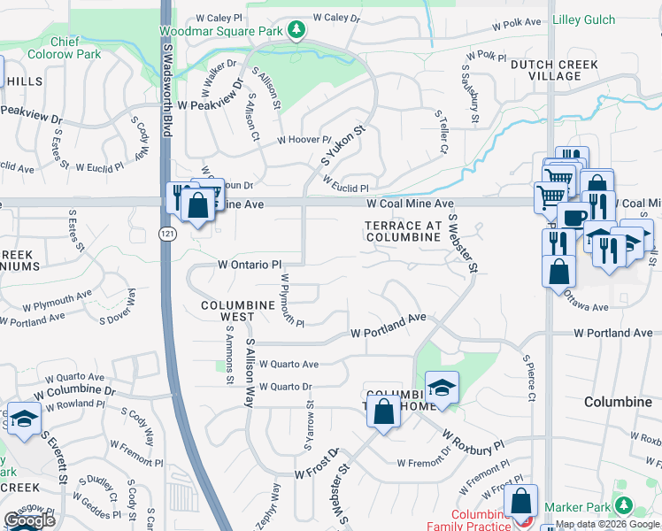 map of restaurants, bars, coffee shops, grocery stores, and more near 7668 West Ontario Place in Littleton