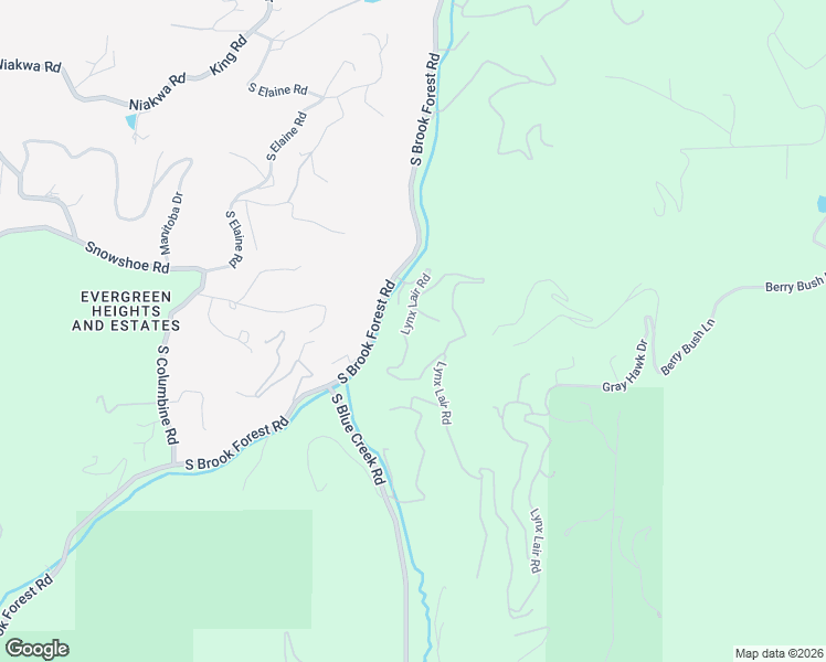 map of restaurants, bars, coffee shops, grocery stores, and more near 6814 Lynx Lair Road in Evergreen
