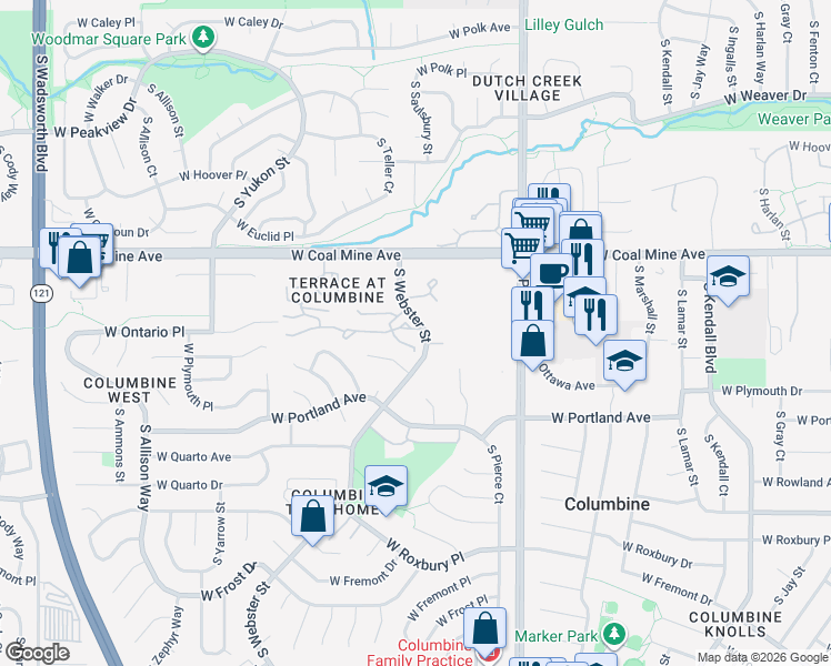 map of restaurants, bars, coffee shops, grocery stores, and more near 6839 South Webster Street in Littleton