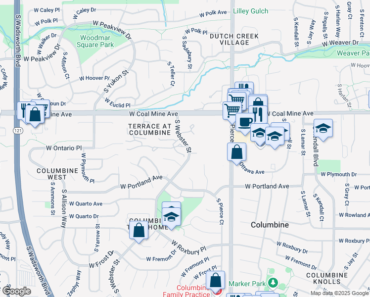 map of restaurants, bars, coffee shops, grocery stores, and more near 6825 South Webster Street in Littleton