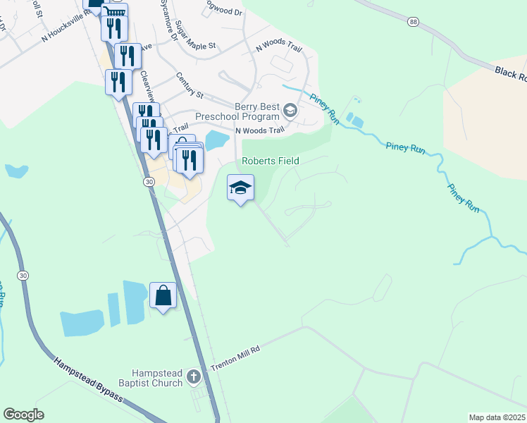 map of restaurants, bars, coffee shops, grocery stores, and more near 700 Boxwood Drive in Hampstead