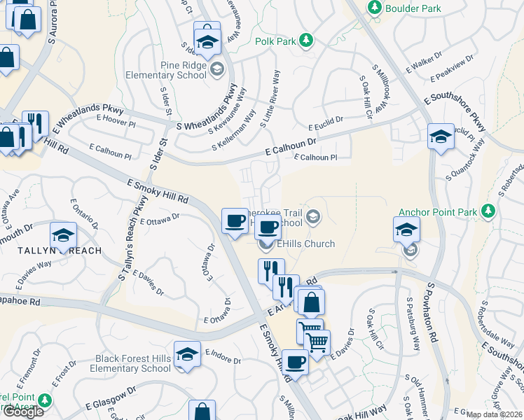 map of restaurants, bars, coffee shops, grocery stores, and more near 6836 South Langdale Street in Aurora