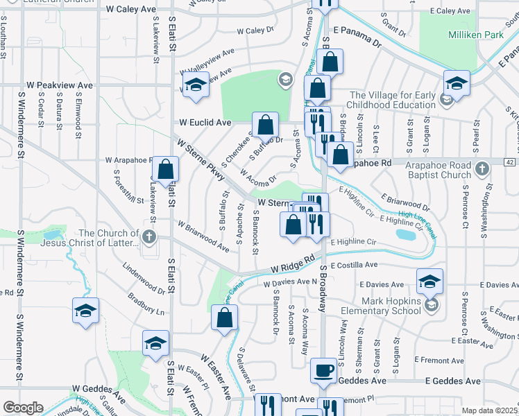map of restaurants, bars, coffee shops, grocery stores, and more near 6810 South Bannock Street in Littleton