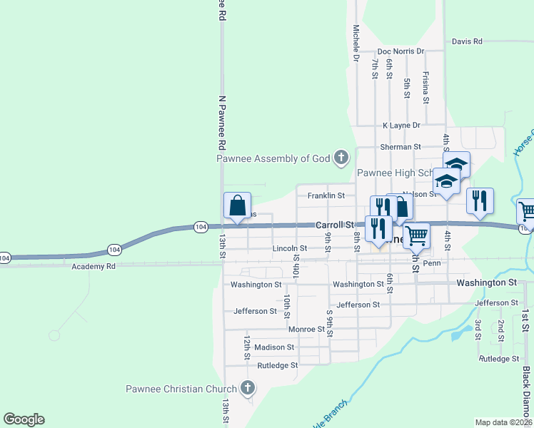 map of restaurants, bars, coffee shops, grocery stores, and more near North 11th Street in Pawnee