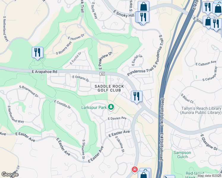 map of restaurants, bars, coffee shops, grocery stores, and more near 22580 East Ontario Drive in Aurora