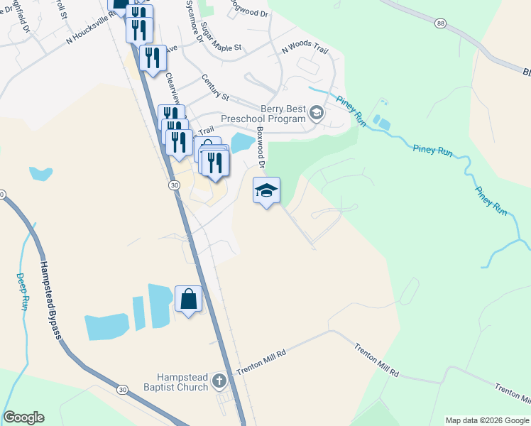 map of restaurants, bars, coffee shops, grocery stores, and more near 700 Boxwood Drive in Hampstead