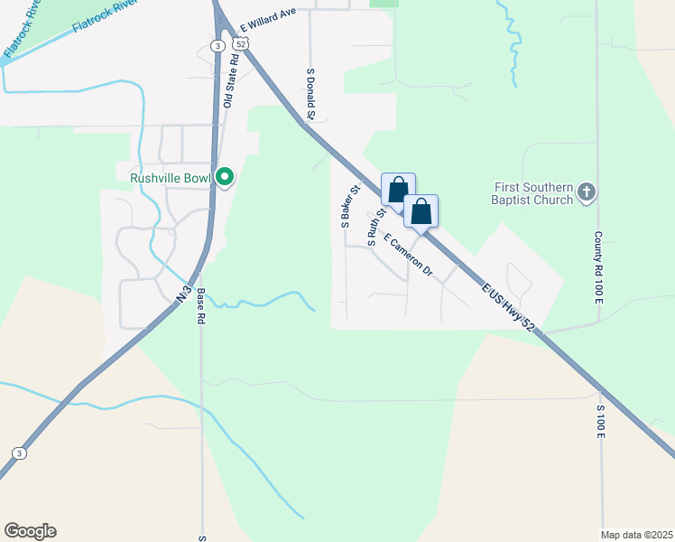 map of restaurants, bars, coffee shops, grocery stores, and more near 1397 South Baker Street in Rushville