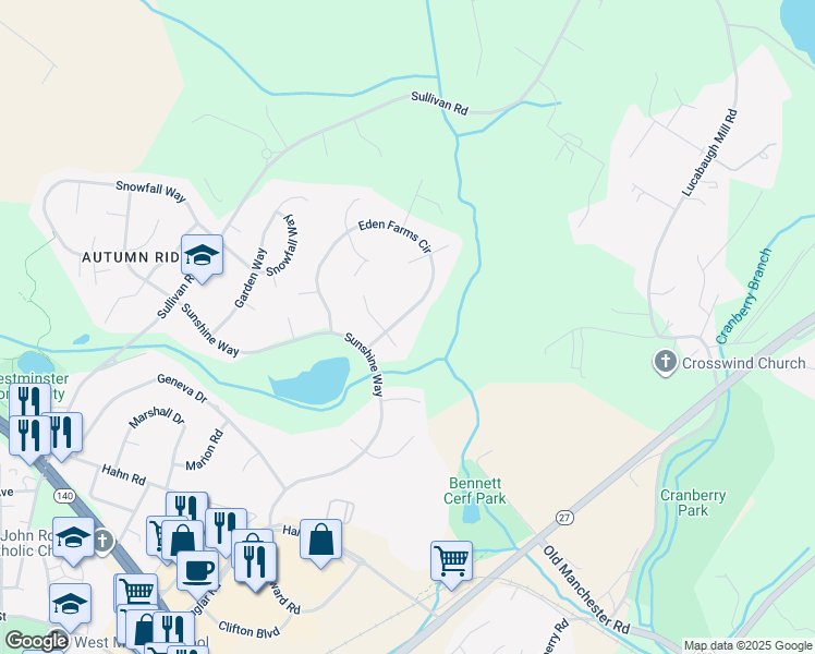 map of restaurants, bars, coffee shops, grocery stores, and more near 886 Eden Farm Circle in Westminster
