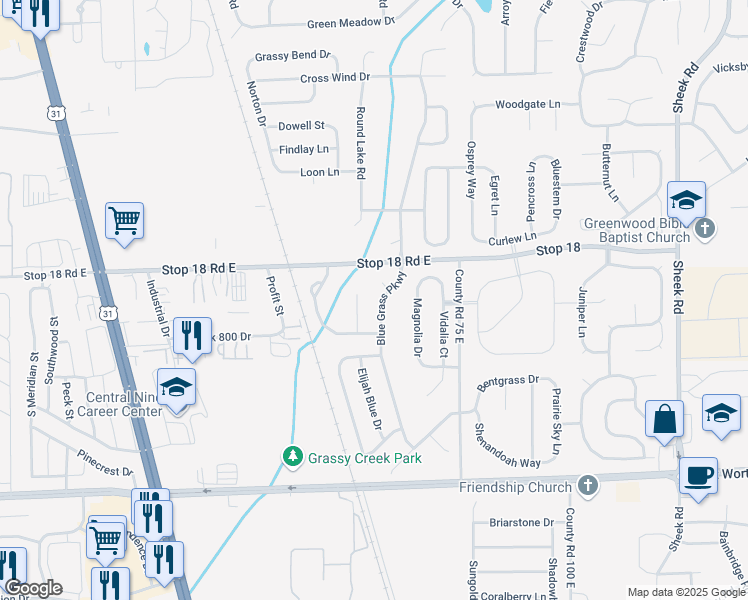 map of restaurants, bars, coffee shops, grocery stores, and more near 1638 Blue Grass Parkway in Greenwood