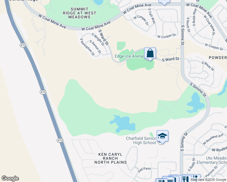 map of restaurants, bars, coffee shops, grocery stores, and more near 6601 South Ward Street in Littleton