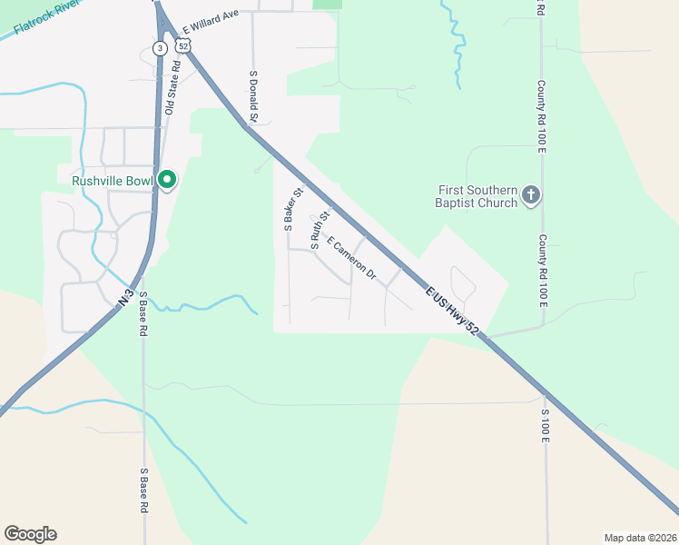 map of restaurants, bars, coffee shops, grocery stores, and more near 1377 South Ruth Street in Rushville