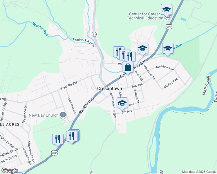 map of restaurants, bars, coffee shops, grocery stores, and more near in Cresaptown