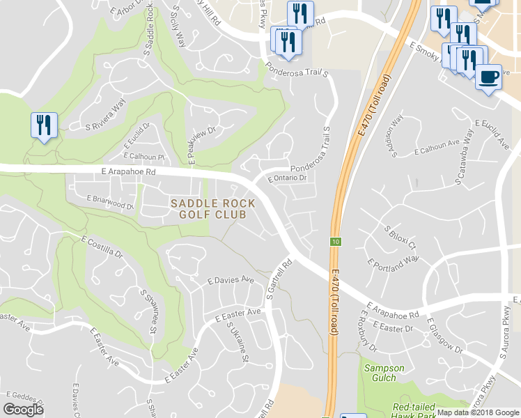 map of restaurants, bars, coffee shops, grocery stores, and more near 22773 East Briarwood Place in Aurora