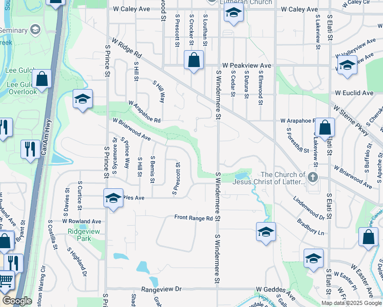 map of restaurants, bars, coffee shops, grocery stores, and more near 1881 West Briarwood Avenue in Littleton