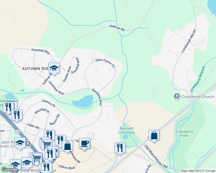 map of restaurants, bars, coffee shops, grocery stores, and more near 886 Eden Farm Circle in Westminster