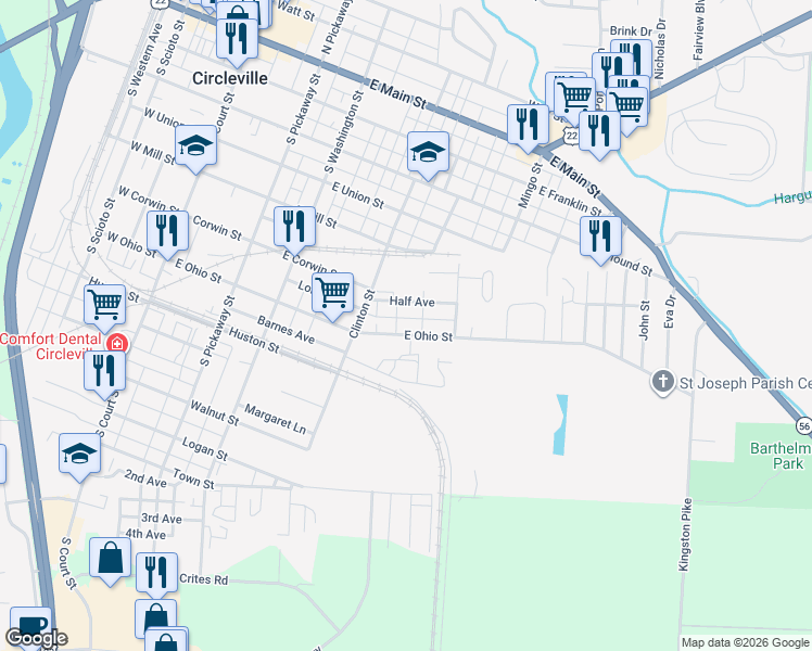 map of restaurants, bars, coffee shops, grocery stores, and more near 421 East Ohio Street in Circleville