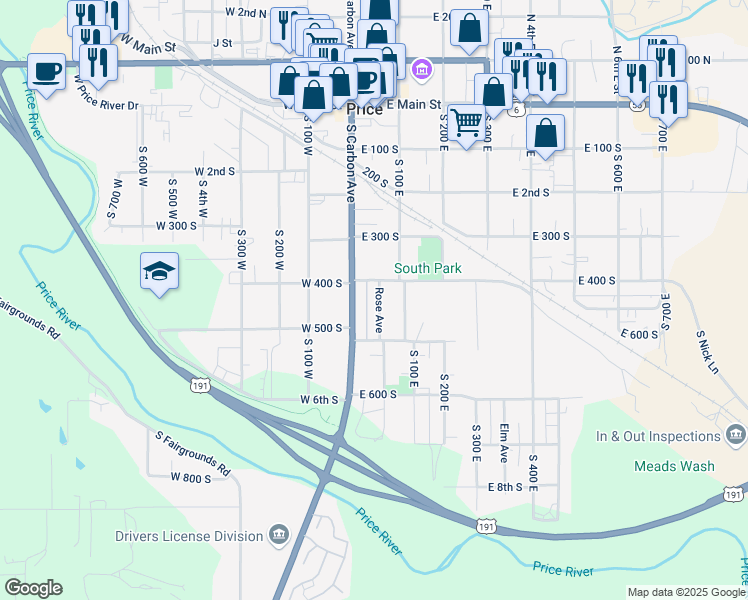 map of restaurants, bars, coffee shops, grocery stores, and more near 436 Rose Avenue in Price