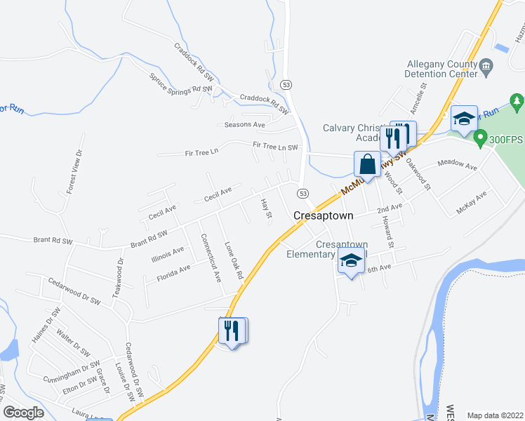map of restaurants, bars, coffee shops, grocery stores, and more near 14803 Hay Street in Cresaptown