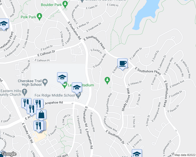 map of restaurants, bars, coffee shops, grocery stores, and more near 6807 South Riverwood Way in Aurora