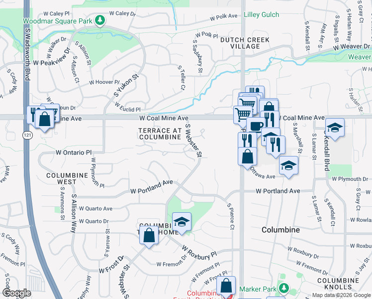map of restaurants, bars, coffee shops, grocery stores, and more near 7521 West Ottawa Place in Littleton