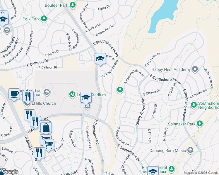map of restaurants, bars, coffee shops, grocery stores, and more near 6807 South Riverwood Way in Aurora