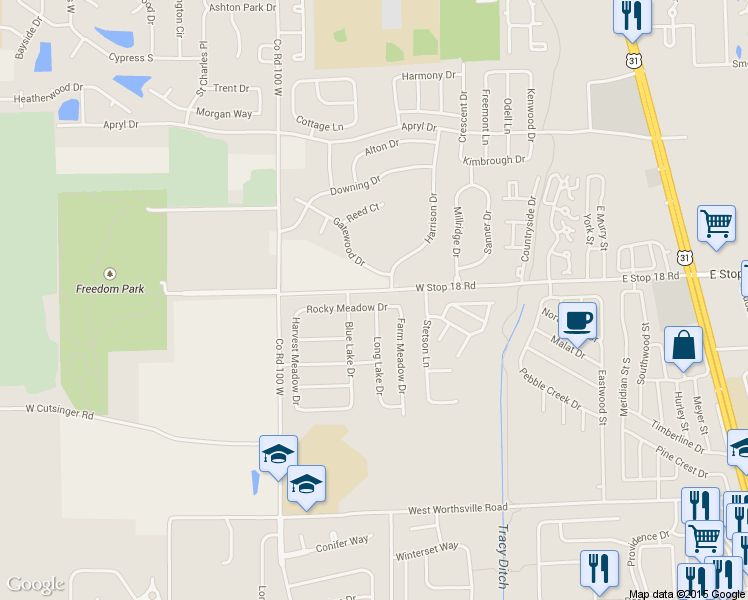 map of restaurants, bars, coffee shops, grocery stores, and more near 548 Rocky Meadow Drive in Greenwood