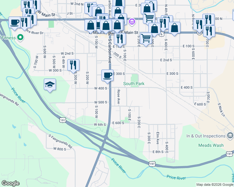 map of restaurants, bars, coffee shops, grocery stores, and more near 436 Rose Avenue in Price