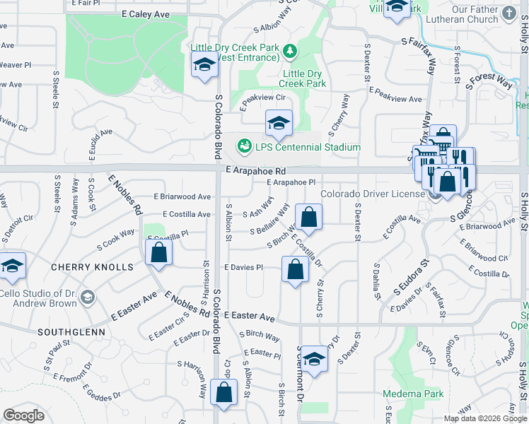 map of restaurants, bars, coffee shops, grocery stores, and more near 6825 South Bellaire Way in Centennial