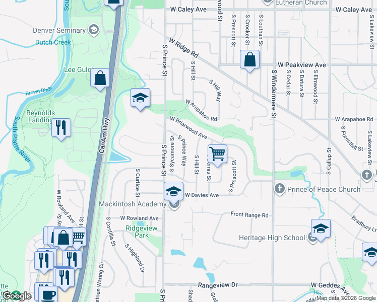 map of restaurants, bars, coffee shops, grocery stores, and more near 6899 South Prince Way in Littleton