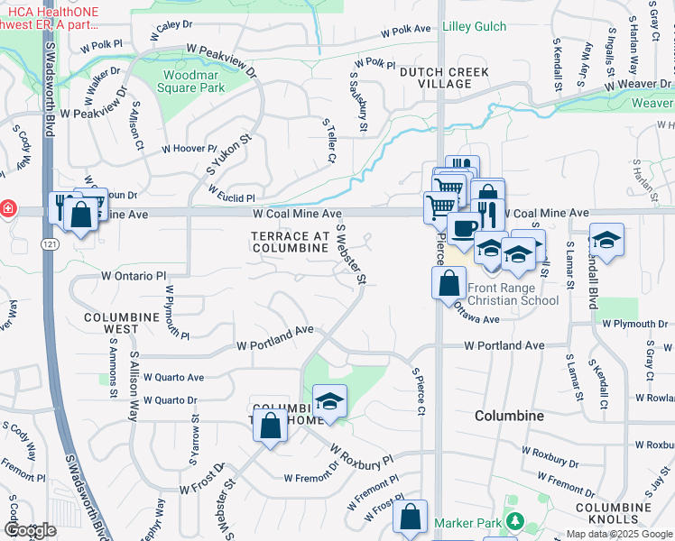 map of restaurants, bars, coffee shops, grocery stores, and more near 7521 West Ottawa Place in Littleton
