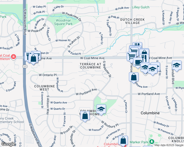 map of restaurants, bars, coffee shops, grocery stores, and more near 6882 South Webster Way in Littleton
