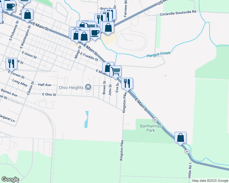 map of restaurants, bars, coffee shops, grocery stores, and more near 367 Eva Drive in Circleville
