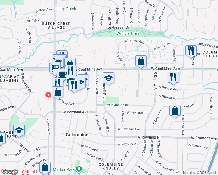 map of restaurants, bars, coffee shops, grocery stores, and more near 6750 South Kendall Boulevard in Littleton